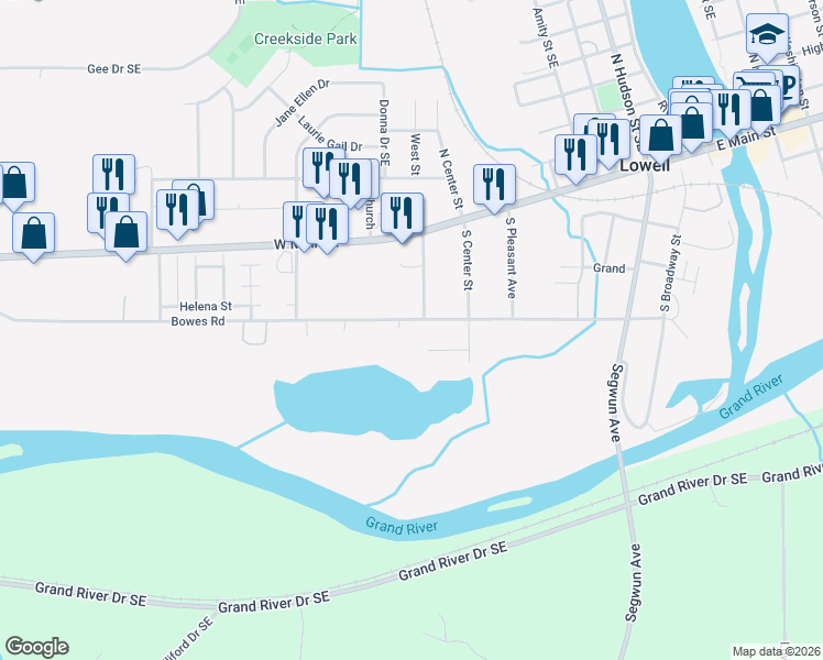 map of restaurants, bars, coffee shops, grocery stores, and more near 1112 Bowes Road in Lowell