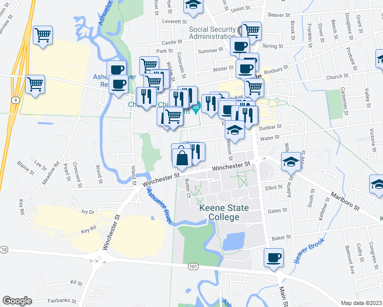 map of restaurants, bars, coffee shops, grocery stores, and more near 81 Ralston Street in Keene