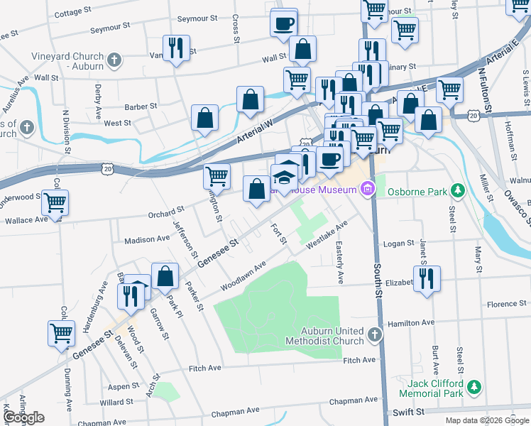 map of restaurants, bars, coffee shops, grocery stores, and more near 177 Genesee Street in Auburn