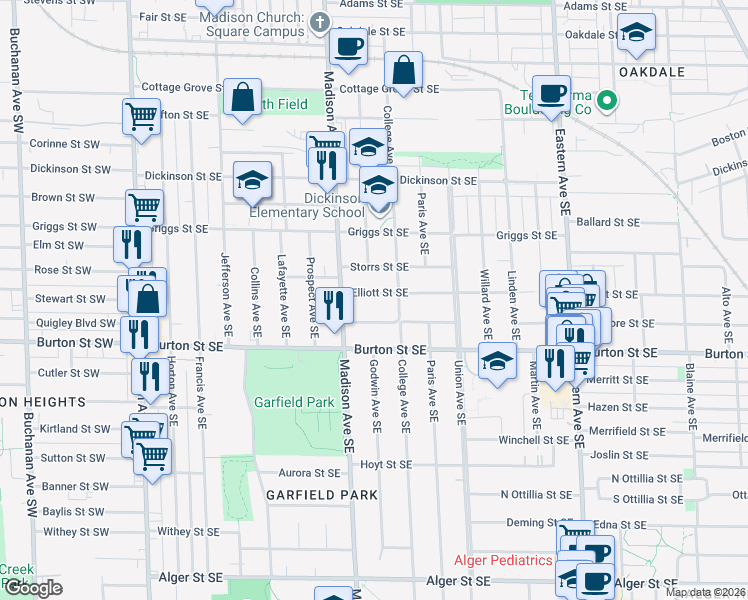 map of restaurants, bars, coffee shops, grocery stores, and more near 449 Ardmore Street Southeast in Grand Rapids