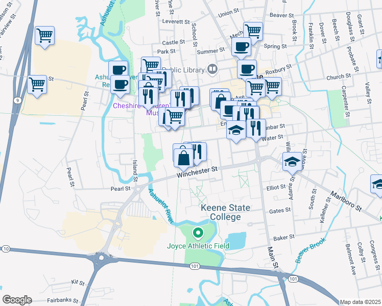 map of restaurants, bars, coffee shops, grocery stores, and more near 57 Ralston Street in Keene