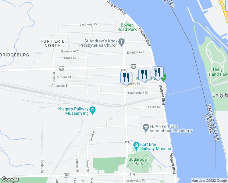 map of restaurants, bars, coffee shops, grocery stores, and more near 228 Courtwright Street in Fort Erie