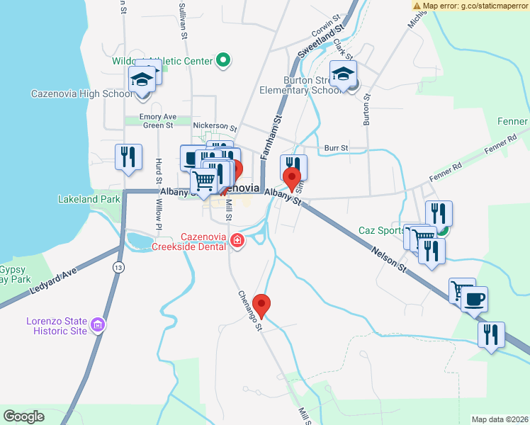 map of restaurants, bars, coffee shops, grocery stores, and more near 11 Riverside Drive in Cazenovia
