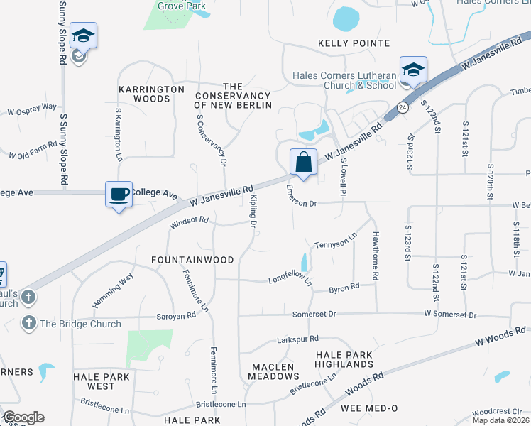 map of restaurants, bars, coffee shops, grocery stores, and more near W130S6404 Kipling Drive in Muskego