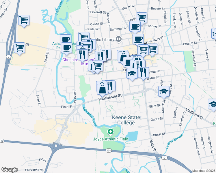 map of restaurants, bars, coffee shops, grocery stores, and more near 57 Ralston Street in Keene