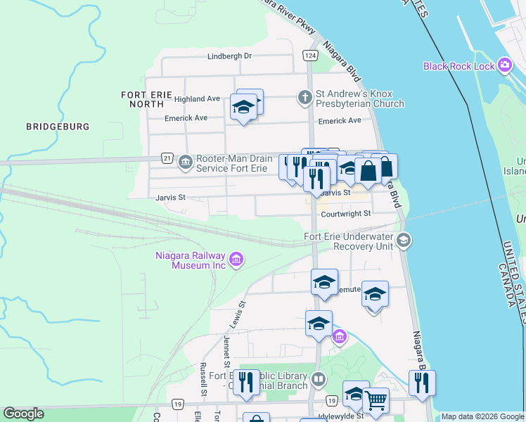 map of restaurants, bars, coffee shops, grocery stores, and more near 246 Courtwright Street in Fort Erie