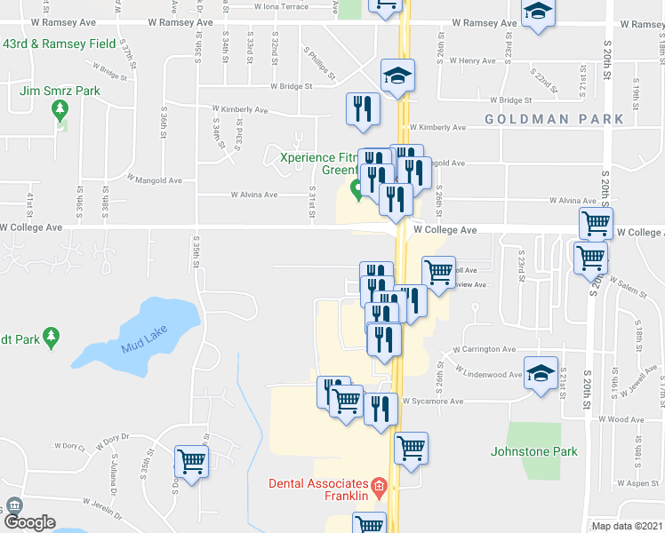 map of restaurants, bars, coffee shops, grocery stores, and more near 6361 South 27th Street in Franklin