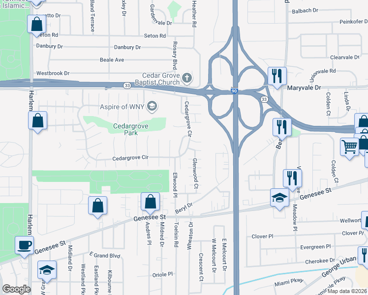 map of restaurants, bars, coffee shops, grocery stores, and more near 21 Pendlewood Drive in Cheektowaga