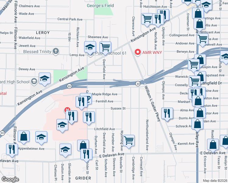 map of restaurants, bars, coffee shops, grocery stores, and more near 107 Maple Ridge Avenue in Buffalo