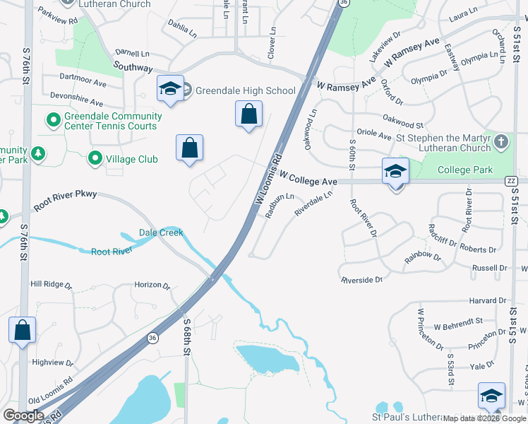 map of restaurants, bars, coffee shops, grocery stores, and more near 6661 Radburn Lane in Greendale