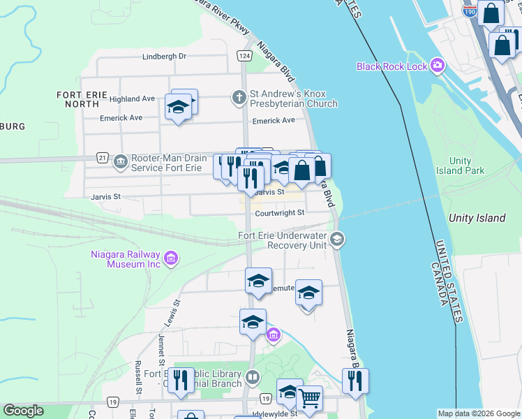 map of restaurants, bars, coffee shops, grocery stores, and more near 70 Courtwright Street in Fort Erie