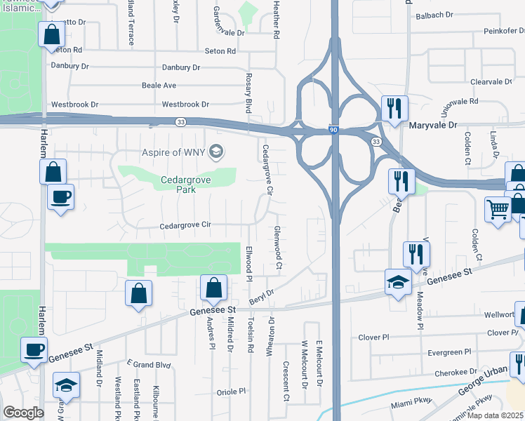map of restaurants, bars, coffee shops, grocery stores, and more near 21 Pendlewood Drive in Cheektowaga