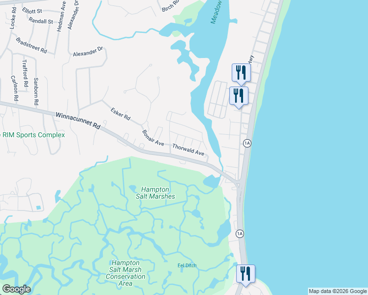 map of restaurants, bars, coffee shops, grocery stores, and more near 506 Winnacunnet Road in Hampton