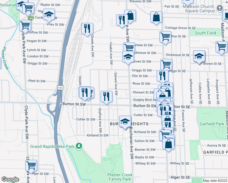 map of restaurants, bars, coffee shops, grocery stores, and more near 1927 Darwin Avenue Southwest in Grand Rapids
