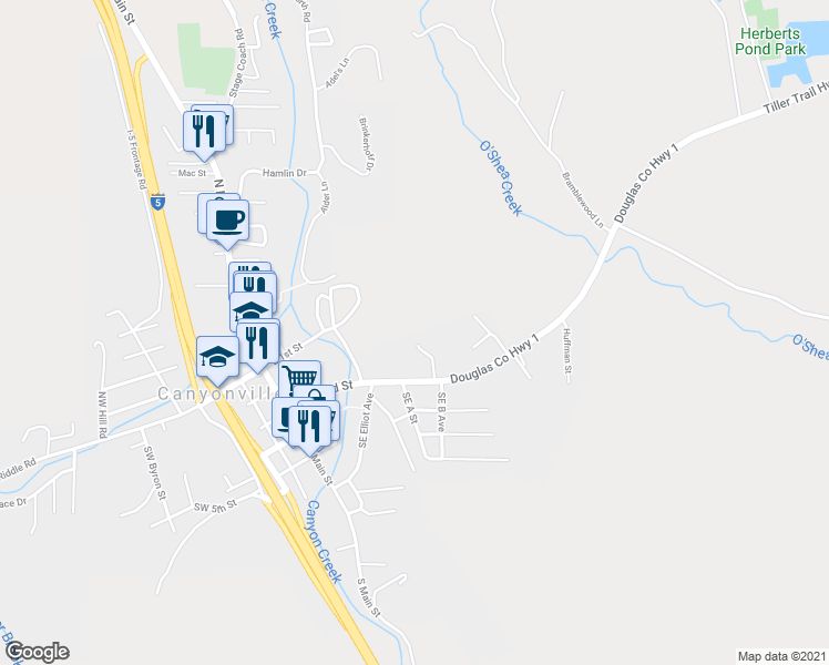 map of restaurants, bars, coffee shops, grocery stores, and more near 510 Maylea Place in Canyonville