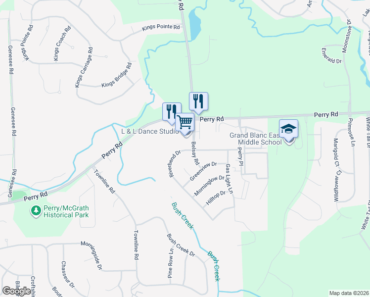 map of restaurants, bars, coffee shops, grocery stores, and more near 12023 Riverbend Drive in Grand Blanc