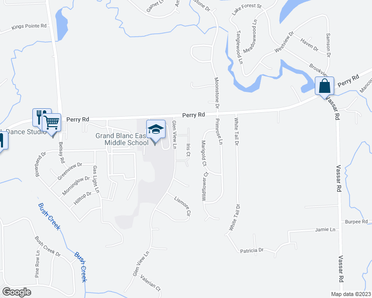 map of restaurants, bars, coffee shops, grocery stores, and more near 7038 Iris Court in Grand Blanc
