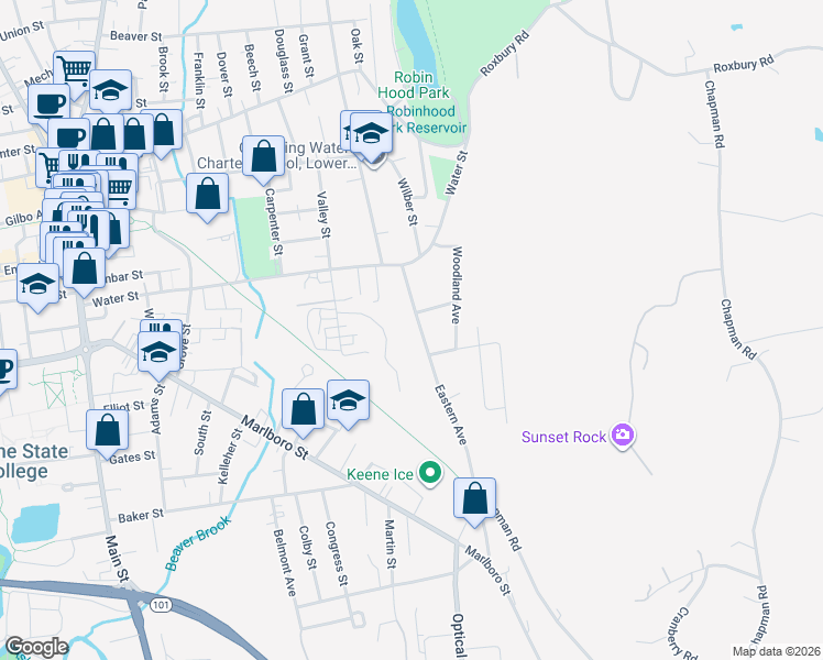 map of restaurants, bars, coffee shops, grocery stores, and more near 21 Victoria Court in Keene