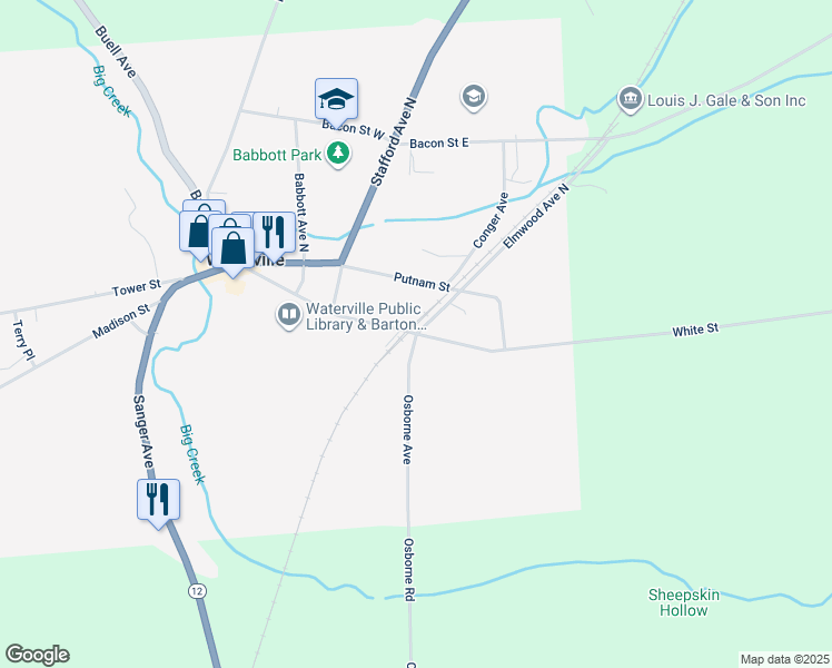 map of restaurants, bars, coffee shops, grocery stores, and more near White Street in Waterville