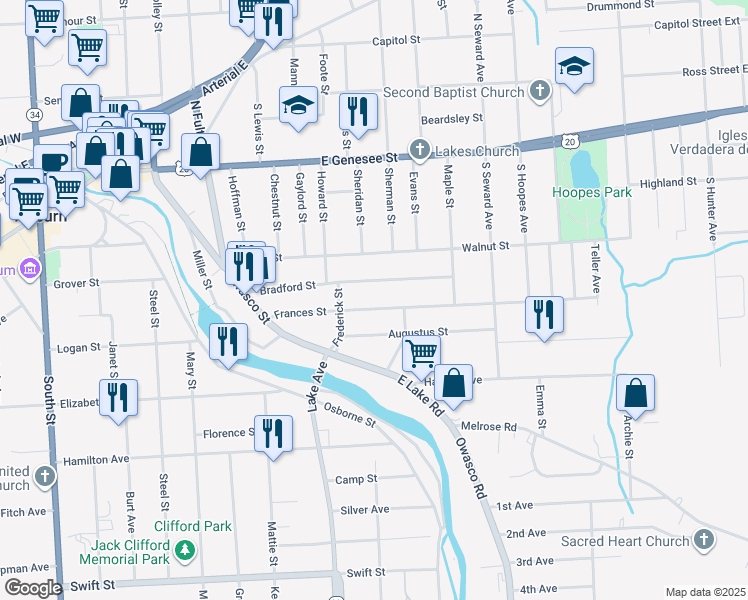 map of restaurants, bars, coffee shops, grocery stores, and more near 36 Frances Street in Auburn