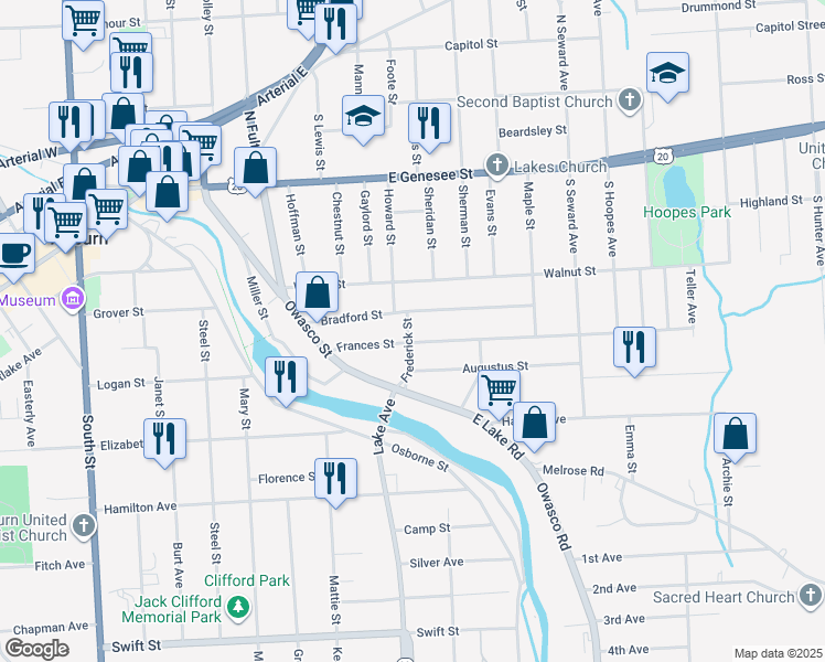 map of restaurants, bars, coffee shops, grocery stores, and more near 36 Frances Street in Auburn