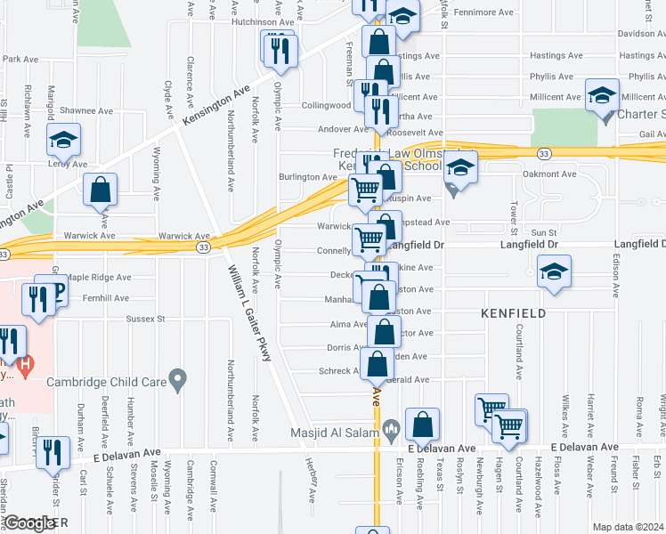 map of restaurants, bars, coffee shops, grocery stores, and more near 65 Decker Street in Buffalo