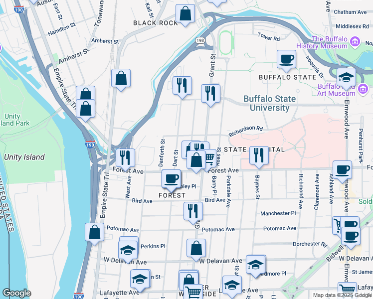 map of restaurants, bars, coffee shops, grocery stores, and more near 26 Hawley Street in Buffalo
