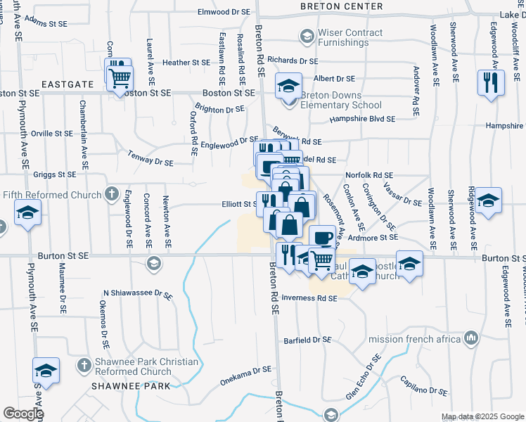 map of restaurants, bars, coffee shops, grocery stores, and more near 1925 Breton Road Southeast in Grand Rapids
