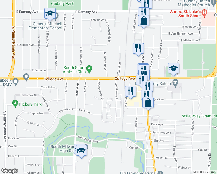 map of restaurants, bars, coffee shops, grocery stores, and more near 1301 College Avenue in South Milwaukee