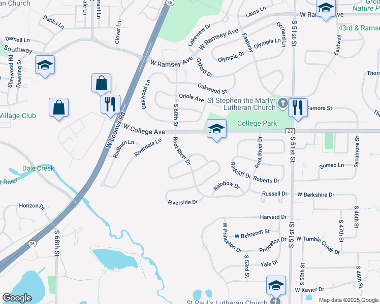 map of restaurants, bars, coffee shops, grocery stores, and more near 5805 Ramona Drive in Greendale