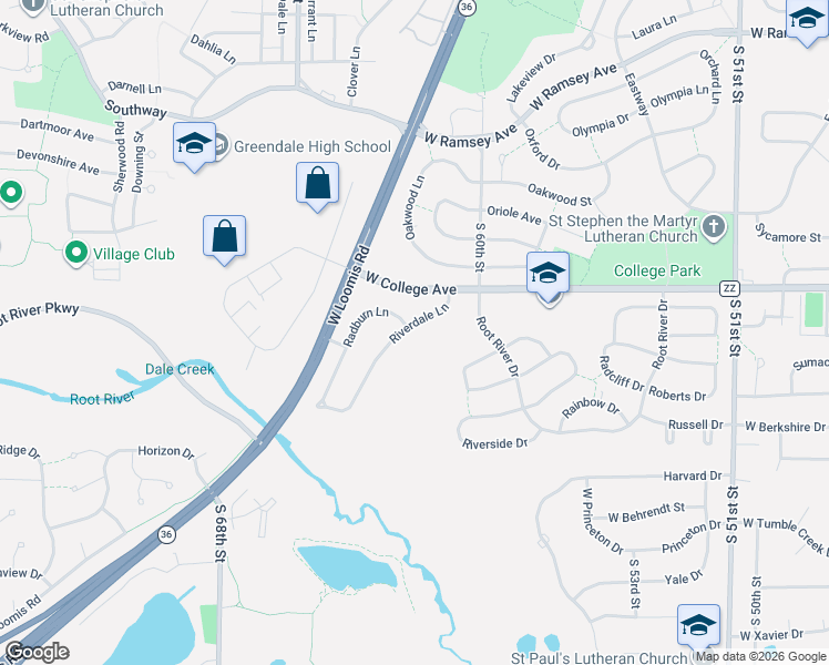 map of restaurants, bars, coffee shops, grocery stores, and more near 6508 Riverdale Lane in Greendale