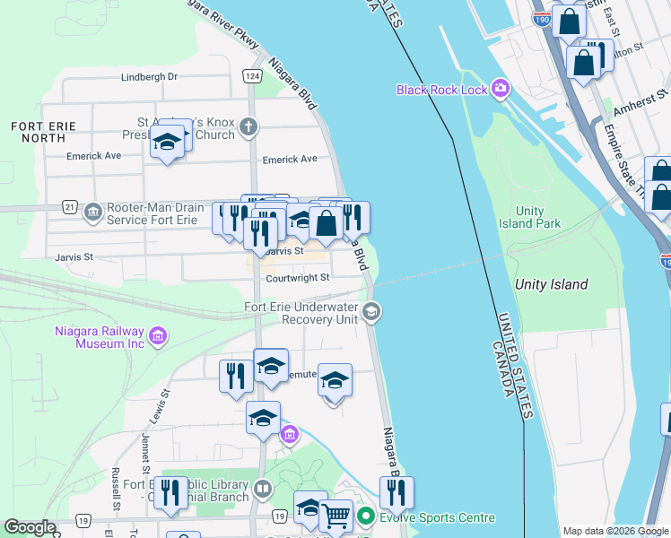 map of restaurants, bars, coffee shops, grocery stores, and more near 7 Klauck Street in Fort Erie