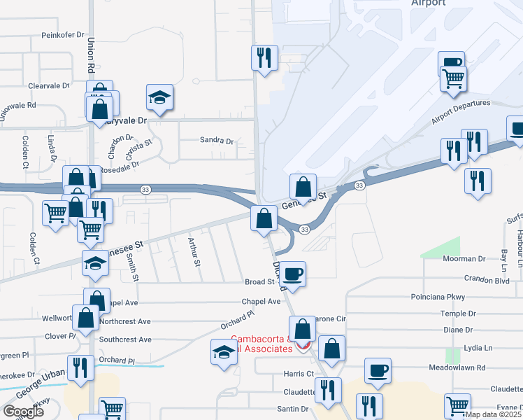 map of restaurants, bars, coffee shops, grocery stores, and more near Genesee Street & Cayuga Road in Cheektowaga
