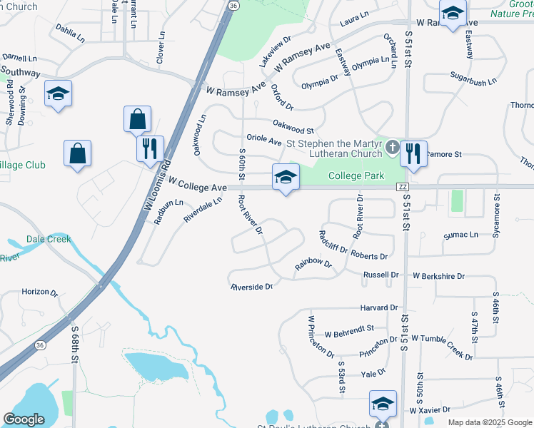 map of restaurants, bars, coffee shops, grocery stores, and more near 5784 Rochelle Drive in Greendale
