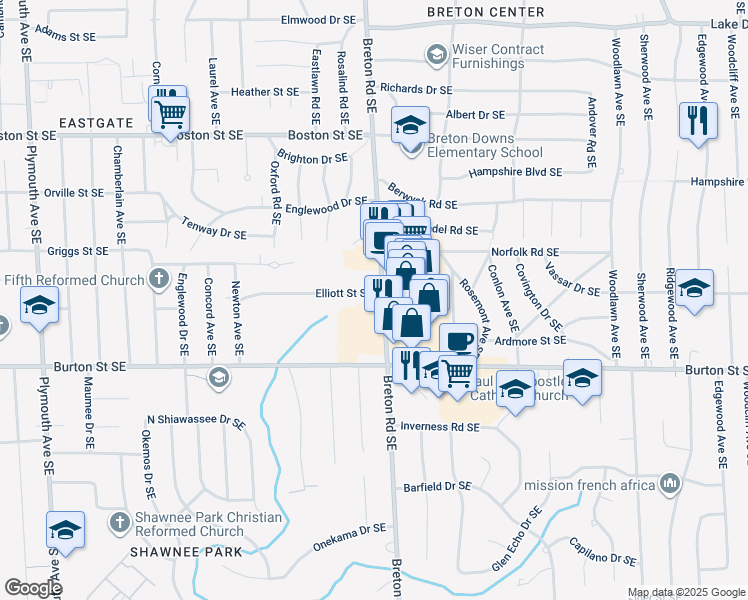 map of restaurants, bars, coffee shops, grocery stores, and more near 1901 Breton Road Southeast in Grand Rapids