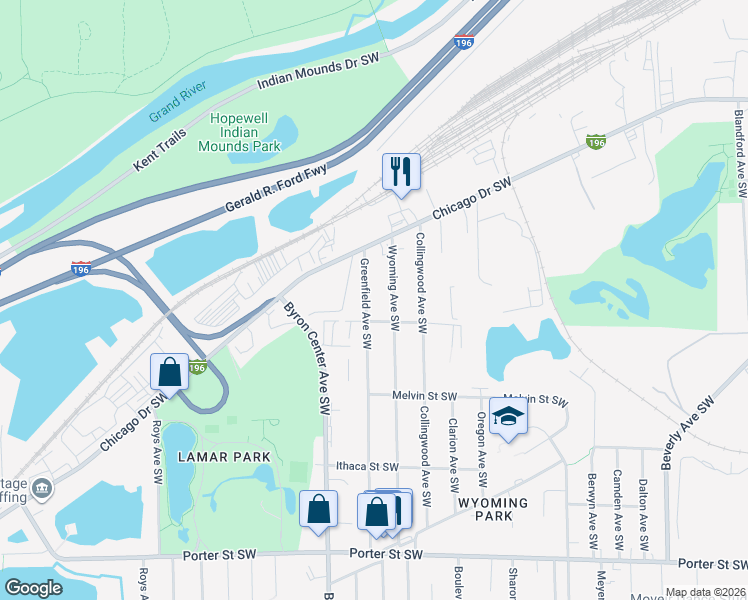 map of restaurants, bars, coffee shops, grocery stores, and more near 1955 Greenfield Avenue Southwest in Wyoming