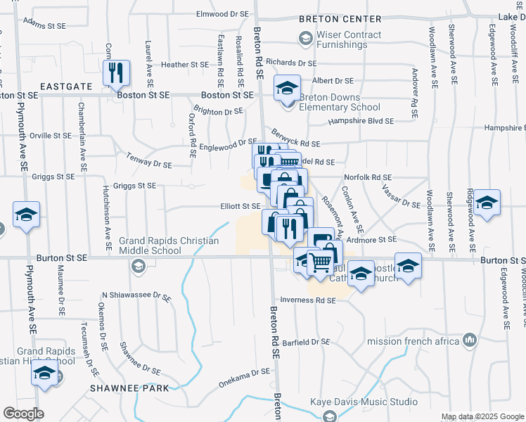 map of restaurants, bars, coffee shops, grocery stores, and more near 1901 Breton Road Southeast in Grand Rapids