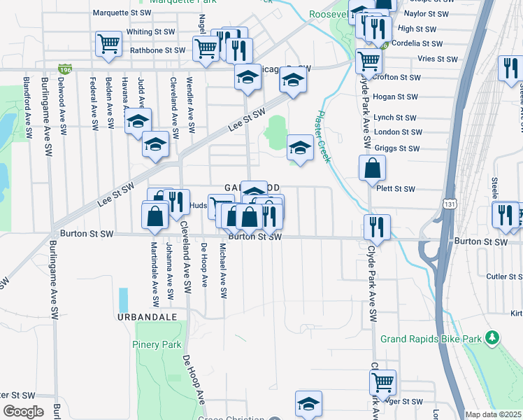 map of restaurants, bars, coffee shops, grocery stores, and more near 1920 Godfrey Avenue Southwest in Wyoming