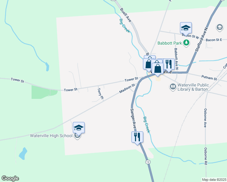map of restaurants, bars, coffee shops, grocery stores, and more near 201 Madison St in Waterville