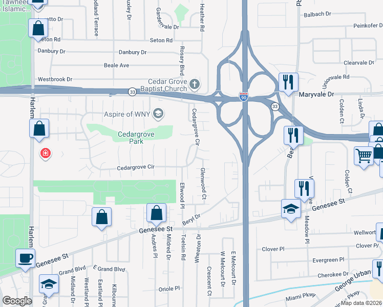 map of restaurants, bars, coffee shops, grocery stores, and more near 21 Pendlewood Drive in Cheektowaga