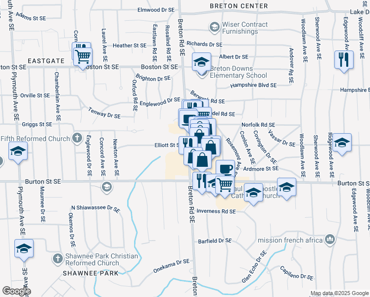 map of restaurants, bars, coffee shops, grocery stores, and more near 1925 Breton Road Southeast in Grand Rapids