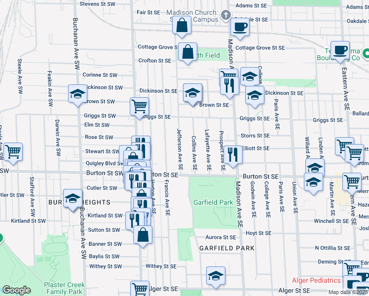 map of restaurants, bars, coffee shops, grocery stores, and more near 1939 Collins Avenue Southeast in Grand Rapids