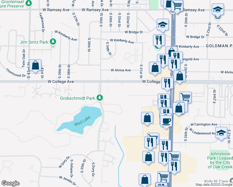 map of restaurants, bars, coffee shops, grocery stores, and more near 6370-6388 S 35th St in Franklin