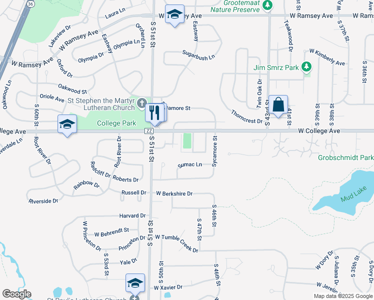 map of restaurants, bars, coffee shops, grocery stores, and more near 4932 Sumac Lane in Greendale