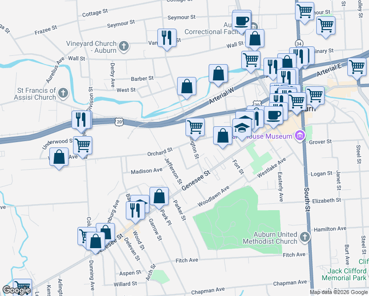 map of restaurants, bars, coffee shops, grocery stores, and more near 34 Orchard Street in Auburn