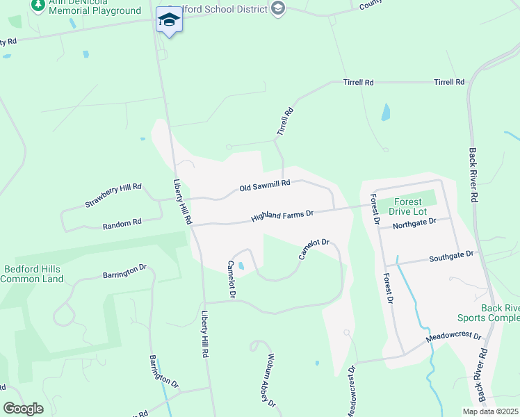 map of restaurants, bars, coffee shops, grocery stores, and more near 25 Highland Farms Drive in Bedford