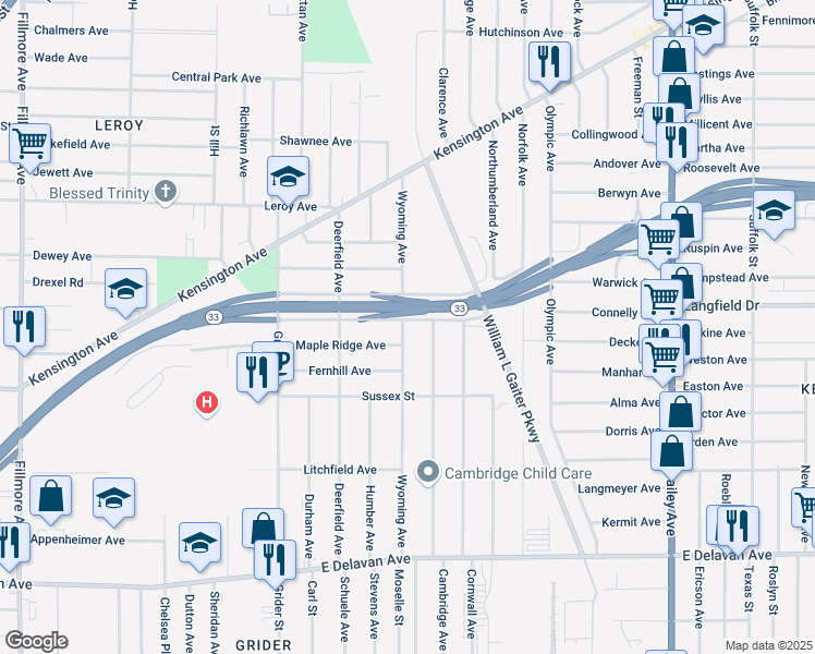 map of restaurants, bars, coffee shops, grocery stores, and more near 533 Wyoming Avenue in Buffalo