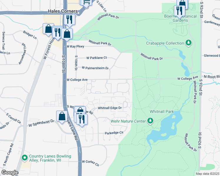map of restaurants, bars, coffee shops, grocery stores, and more near 10459 West College Avenue in Hales Corners