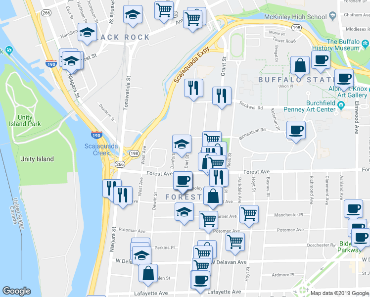 map of restaurants, bars, coffee shops, grocery stores, and more near 54 Dart Street in Buffalo