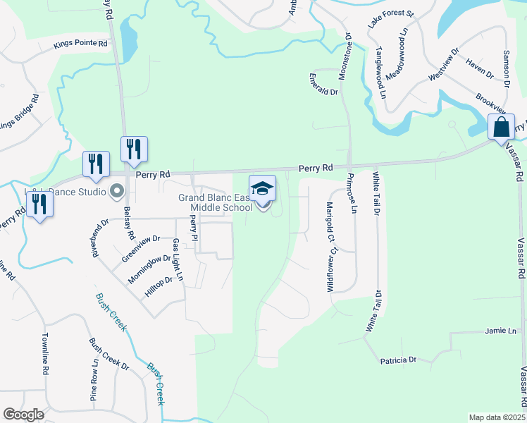 map of restaurants, bars, coffee shops, grocery stores, and more near 6100 Perry Road in Grand Blanc